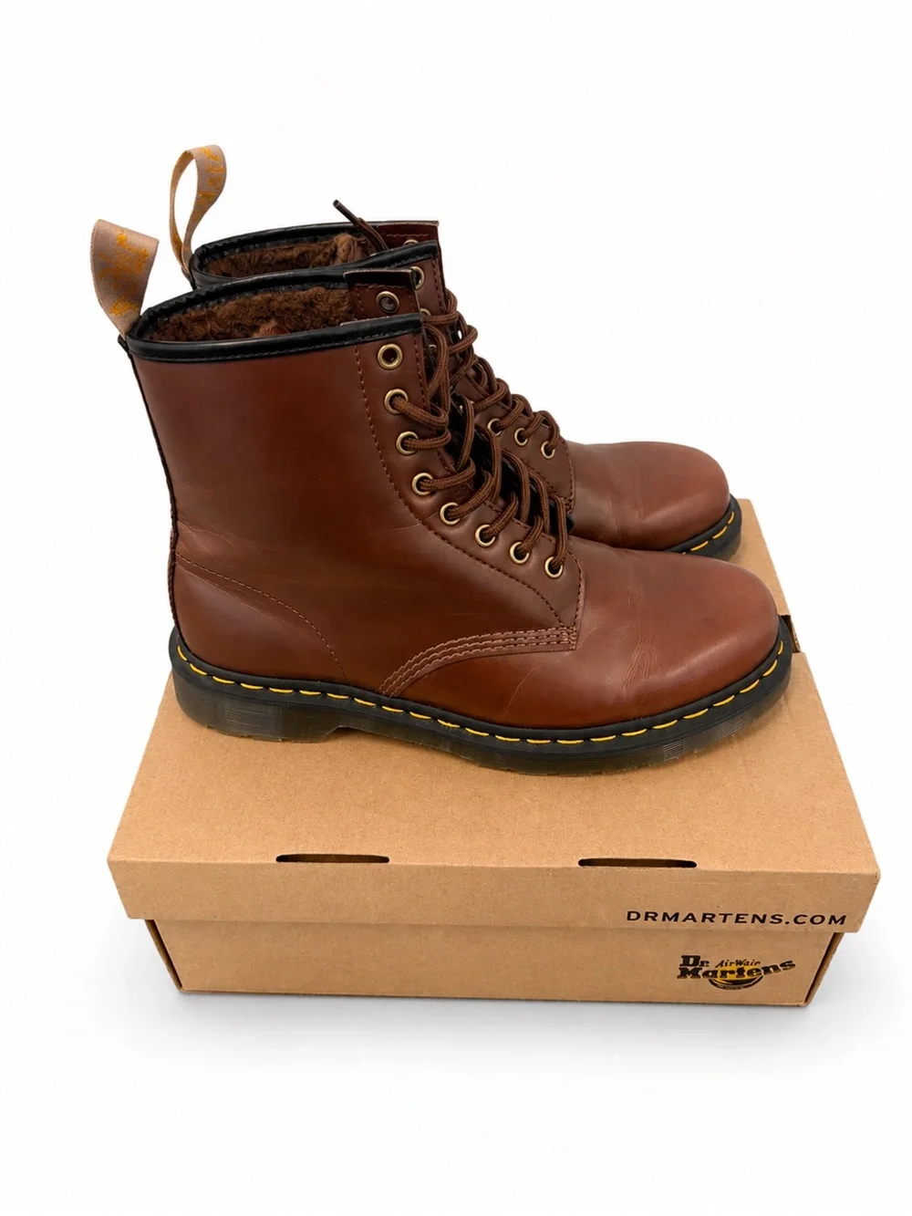 Dr. Martens Brown Leather 8-Eye Lace-Up Boots with Yellow Stitching